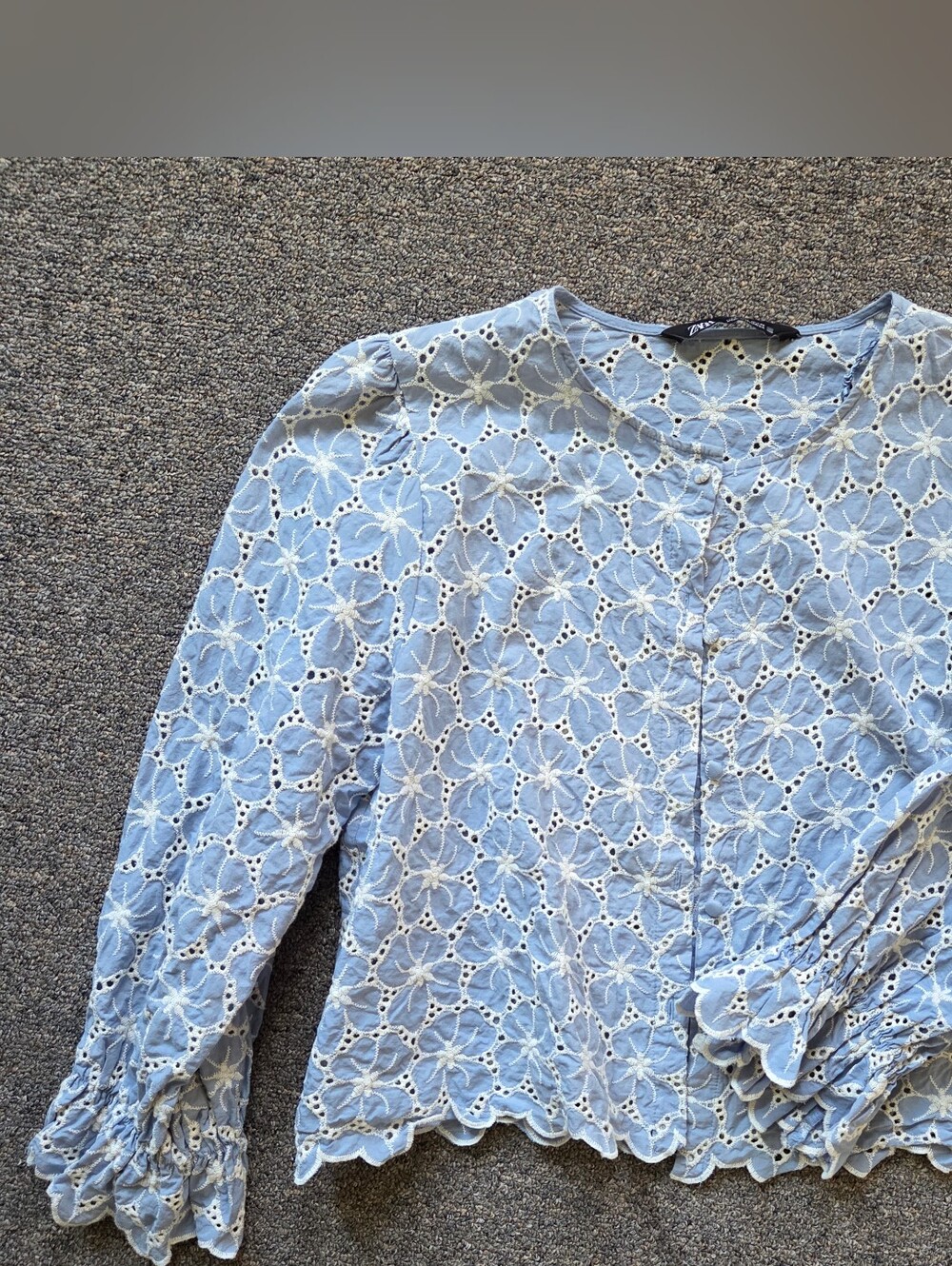 Zara 100% Cotton Sky Blue Eyelet Embroidered Blouse (Size Large)